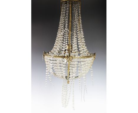 A French early 20th century gilt brass basket chandelier, with ribbon and bow decoration, four light fitting, 72cm high appro