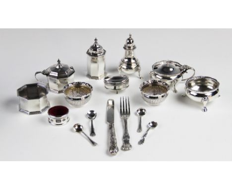 A George V silver condiment set by Edward Barnard &amp; Sons Ltd, London 1936, each of baluster form with reeded scalloped bo