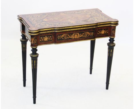 A 19th century Italian marquetry and burr thuya folding card table, the rectangular top centred with an inlaid cartouche and 