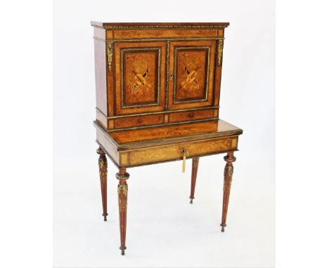 A Louis XVI style burr yew and walnut bonheur du jour, late 19th, early 20th century, the rectangular cross banded top above 