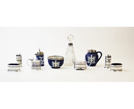 A selection of silver and silver plated tableware, to include a silver wet mustard by Haseler Brothers, Chester 1919, of cyli