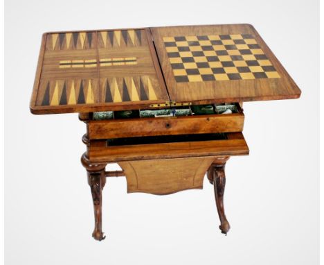 A Victorian burr walnut games compendium and sewing table, the rectangular hinged top enclosing inlaid chess, backgammon and 