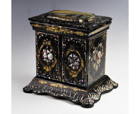 A Victorian mother of pearl and abalone shell inlaid, papier mache jewellery casket depicting a Scottish castle to the cover 