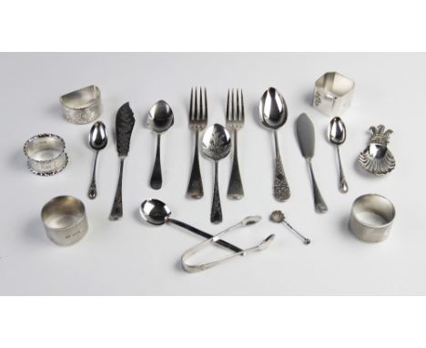A selection of silver cutlery and tableware, to include a silver caddy spoon by Roberts &amp; Belk, Sheffield 1981, 8.5cm lon