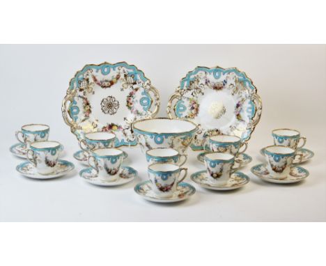 A Staffordshire part coffee service, 19th century, comprising; seven coffee cups, three tea cups, nine saucers, two twin hand