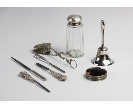 A selection of silver tableware and accessories, to include a pair of continental silver serving tongs, stamped '835 HAZORFIM