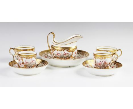 A Staffordshire tea and coffee service, 19th century, comprising: two tea cups, two coffee cans, two saucers, a milk jug and 