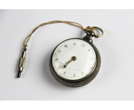A George III silver pair case pocket watch, the white enamel dial with Arabic numerals, set to a plain polished silver case, 