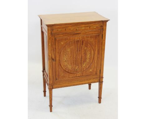 An Edwardian satinwood Sheraton revival inlaid side cabinet by Hobbs & Co, London, the rectangular top with angular front cor