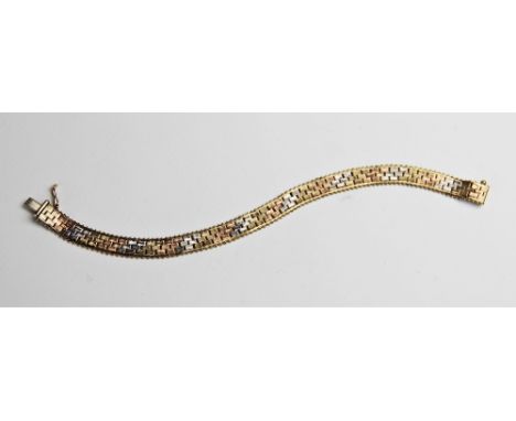 A 9ct gold brick-link bracelet, comprising alternate links of yellow, white and rose gold with engine turned detailing, with 