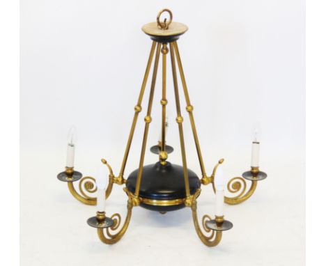 A French Regency style five branch pendant light fitting, mid 20th century, the five reeded supports extending to scrolled ro