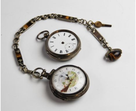 A Victorian silver pair case 'Speed the Plough' pocket watch, the round white enamel dial painted with a rural scene, 'GEORGE