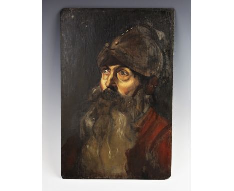 Continental school (early 20th century), Oil on panel, Portrait of a bearded man wearing a helmet (possibly Don Quixote), Uns