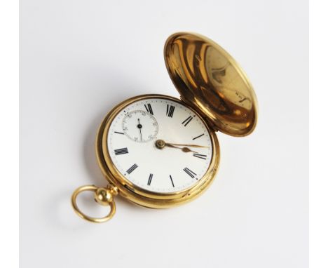 An 18ct gold full hunter pocket watch, the round white enamelled dial with Roman numerals and subsidiary seconds dial to six'