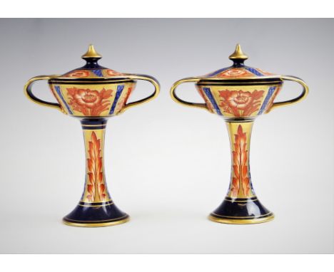 Two William Moorcroft for James Macintyre & Co Aurelian ware twin handled chalices and covers, early 20th century, decorated 