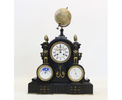 A late 19th century French slate weather station clock, the case surmounted with a 15cm world globe signed 'W & A K Johnston 