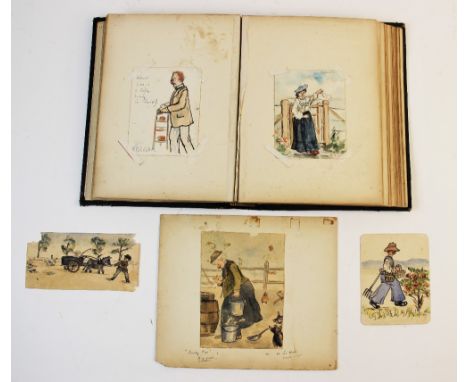 An album containing a collection of forty eight watercolour, ink and pencil sketches, early 20th century, comprising portrait