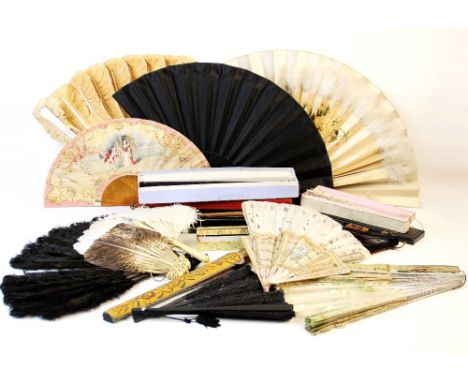 A collection of fans, 19th century and later, to include a boxed George III example with hand painted silk leaf depicting a c