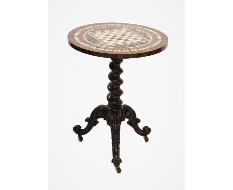 A Victorian games table, 19th century, the pietra dura top laid as a chess board within a geometric sunburst border, inset to