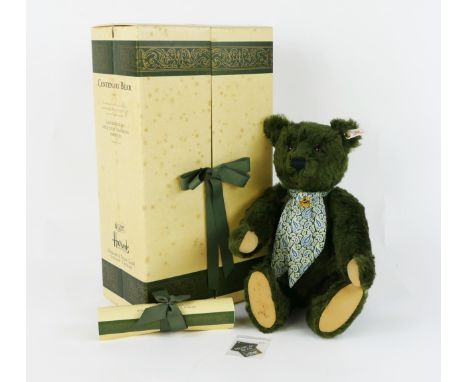 Steiff 1995 Harrods Centenary Musical Bear - white tag limited edition, dark green mohair with silk scarf and gold plated pin