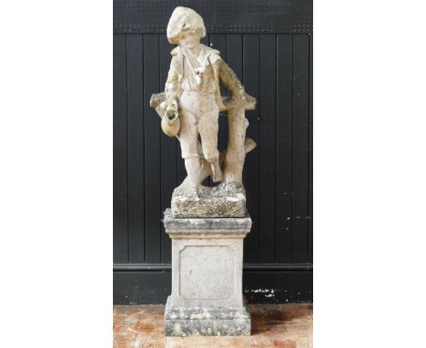 A reconstituted stone statue of a country lad holding a pitcher, mounted on a plinth base, overall height 124cm. 