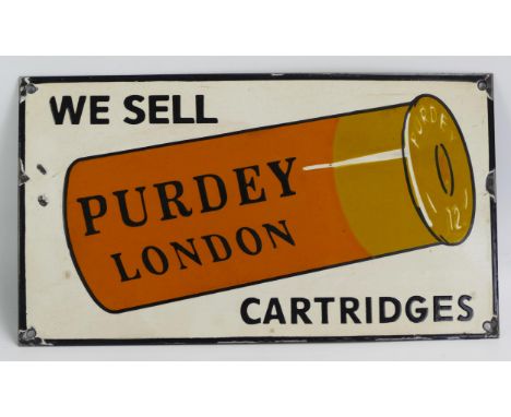 An enamel advertising sign "We Sell Purdey London Cartridges" 20.5 x 37cm. 