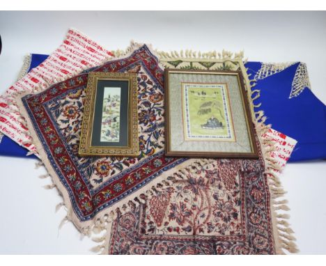 A Chinese silk picture depicting a fisherman, 20 x 11cm, an Indo-Persian picture of a hunting picture, and assorted textiles.