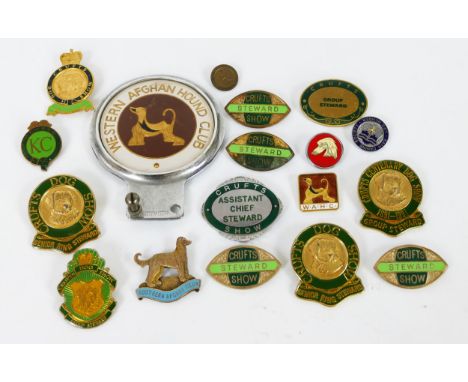 A collection of gilt metal and enamel Crufts Show badges, Western Afghan Hound Club car badge etc. 