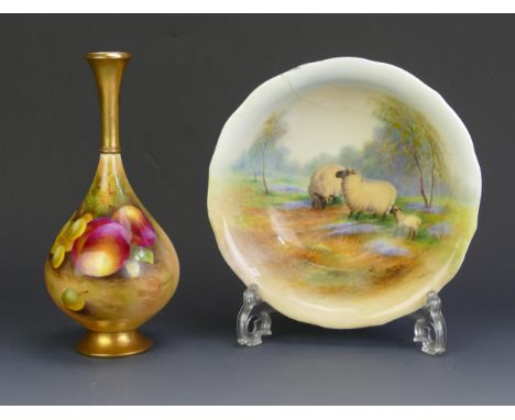 A Royal Worcester vase, decorated with fruit and foliage, signed E Townsend, 20cm high, (neck damaged), together with a bowl 