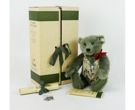 Steiff 1993 Harrods Victorian Musical Bear - white tag limited edition, grey mohair with floral waistcoat and red bow tie, EA
