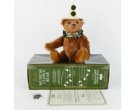 Steiff Harrods Musical Clown Bear wearing white &amp; green clown hat and ruff, cerise mohair - 1992 white tag limited editio