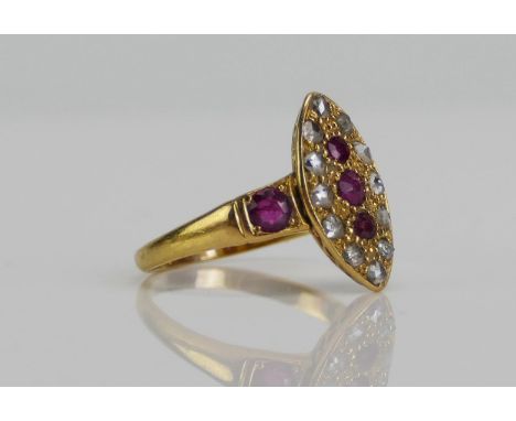 An Antique High Carat Precious Yellow Metal, Ruby and Rose Cut Diamond Marquis Ring, largest ruby c. 3.1mm, 16.1x8.8mm head, 