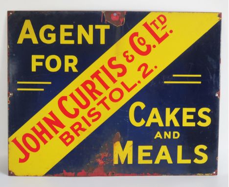 An enamel advertising sign " John Curtis &amp; Co, Agents For Cakes and Meals"53 x 69cm. 