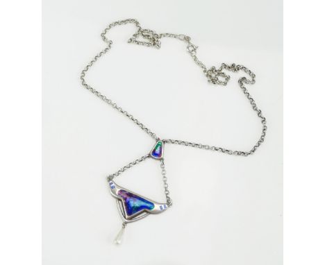 A Charles Horner Arts &amp; Crafts Silver and Enamel Pendant with a cultured pearl drop, probably Chester 1909, c. 61.5mm dro