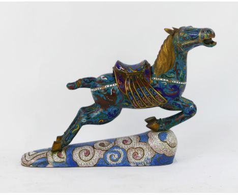 A Chinese cloisonné enamel censer figure of a galloping horse on a cloud,  looking to the right with open mouth, having a det