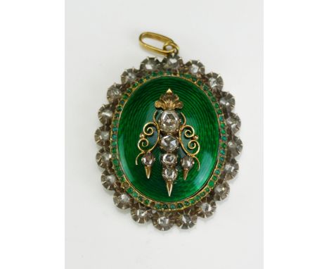 An Antique Old Cut Diamond and Enamel Pendant in a precious yellow and white metal setting, 50.6mm drop, 20.88g. Contemporary