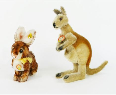 Vintage Steiff Animal Pair - (1) Ossi The Bunny Rabbit with button, ear tag and chest tag, (2) Kangoo the kangaroo with chest