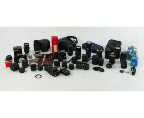 Collection of Vintage Cameras and Lenses including brands, Vivitar, Yashica, Pentacon, Hoya, Aico, etc. together with accesso