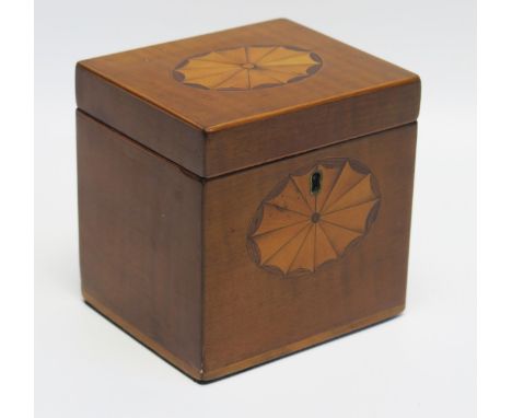 A Georgian style tea caddy, the hinged lid with inlaid fan medallion, and similar decoration to the front, 11cm wide. 