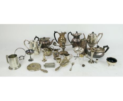 A collection of assorted plated wares including teapots, hot water jug, pedestal bowl condiment stands, three branch candelab