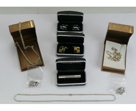 Three Silver Chains (39g), cufflinks, tie clip, etc. 