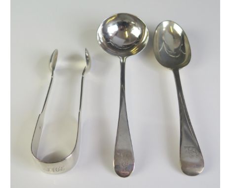 A pair of Victorian provincial silver sugar tongs, maker's mark worn, Exeter, 1838, initialled, a George III sauce ladle and 