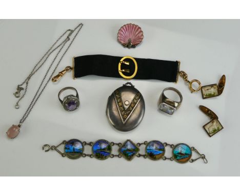 A Victorian Silver Locket and other silver including an enamel pixie scallop shell brooch, butterfly wing bracelet and other 