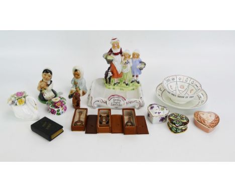 A Yardley English Lavender advertising soap dish, four heart-shaped patch boxes, two Branksome pottery figurines, a fortune t