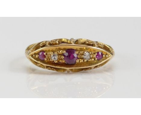 An 18ct Gold, Ruby and Diamond Five Stone Ring, c. 3.1mm principal stone with old cuts, size M, Birmingham 1939, 2.5g 