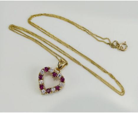 A 9ct Gold, Ruby and White Stone Set Heart Pendant (hallmarked, 20.3mm drop and on a 9ct gold chain (18", 23cm), 2.08g 