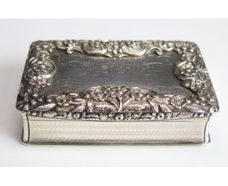 A William IV silver presentation table snuff box, maker Nathaniel Mills, Birmingham, 1833,presentation inscription, of rectan