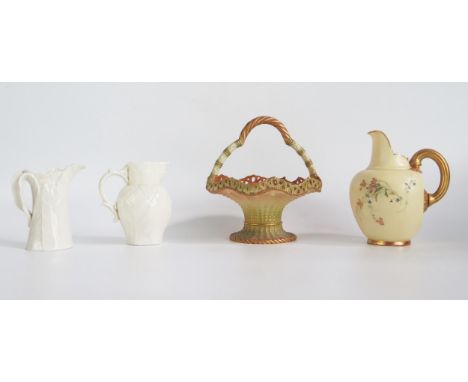 A Royal Worcester blush ivory cream jug, 13cm high, a posy basket 13.5cm diameter and two leaf moulded cream jugs. (4). 