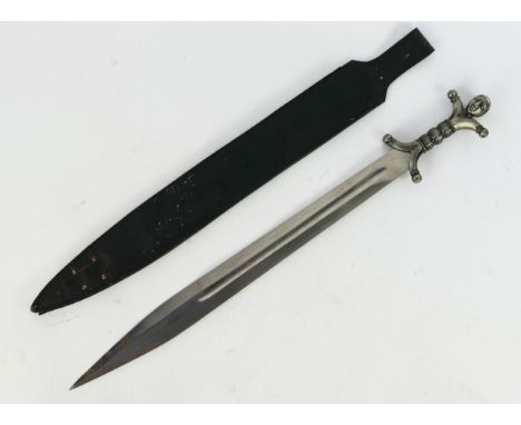A reproduction fantasy sword, with 60cm double edged fullered blade, with ribbed grip and male head pommel, contained in a le