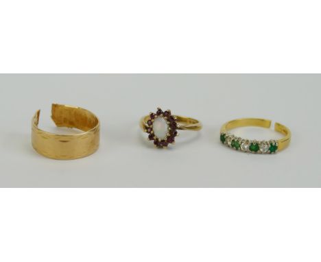 A Cut 18ct Gold, Emerald and Diamond Ring (3.12g), a bent 9ct gold opal and ruby cluster ring (2.37g) and a cut precious yell